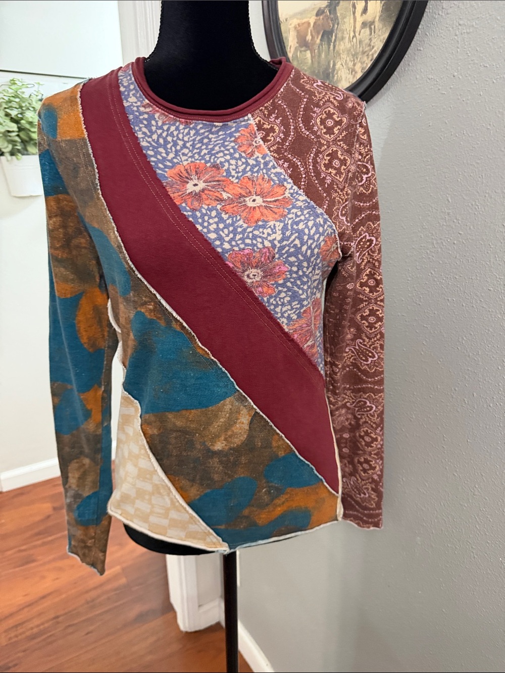 We the free Patchwork Long Sleeve Top in Teal, Burgundy & Brown